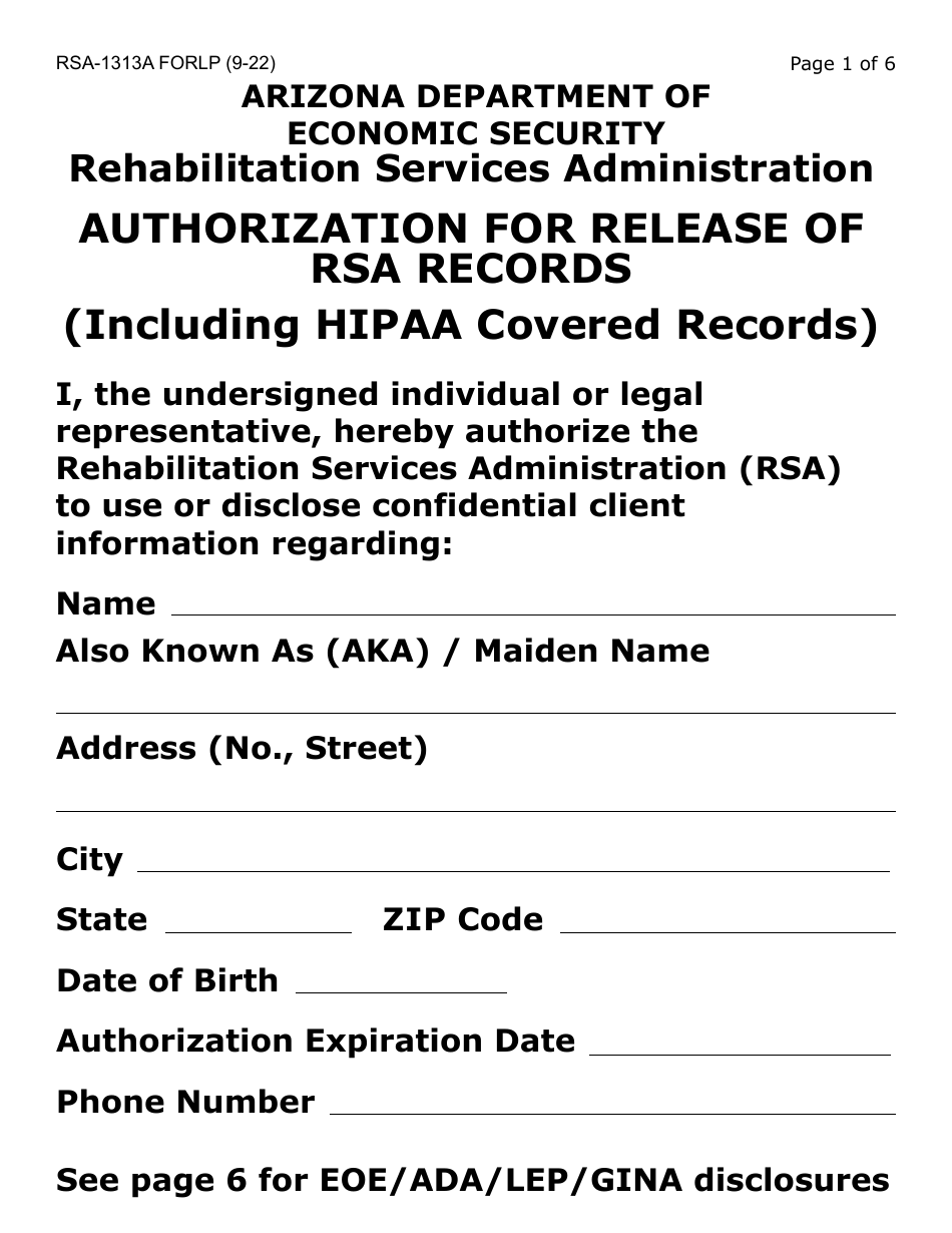 Form RSA-1313A-LP Authorization for Release of Rsa Records - Large Print - Arizona, Page 1
