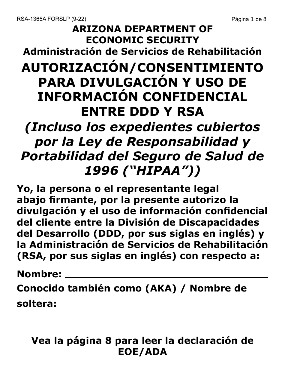 Formulario RSA-365A-SLP Autorizacion / Consentimiento Para Divulgacion Y Uso De Informacion Confidencial Entre Ddd Y Rsa - Letra Grande - Arizona (Spanish), Page 1