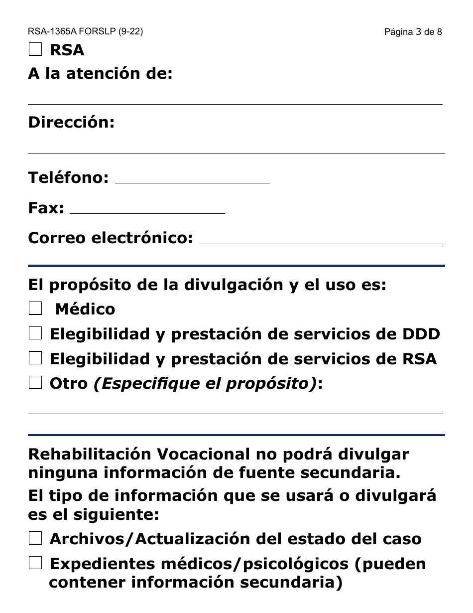 Formulario RSA-365A-SLP Autorizacion / Consentimiento Para Divulgacion Y Uso De Informacion Confidencial Entre Ddd Y Rsa - Letra Grande - Arizona (Spanish), Page 3