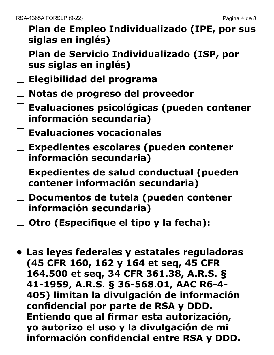 Formulario RSA-365A-SLP Autorizacion / Consentimiento Para Divulgacion Y Uso De Informacion Confidencial Entre Ddd Y Rsa - Letra Grande - Arizona (Spanish), Page 4