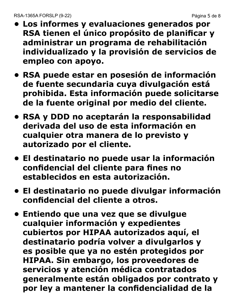 Formulario RSA-365A-SLP Autorizacion / Consentimiento Para Divulgacion Y Uso De Informacion Confidencial Entre Ddd Y Rsa - Letra Grande - Arizona (Spanish), Page 5