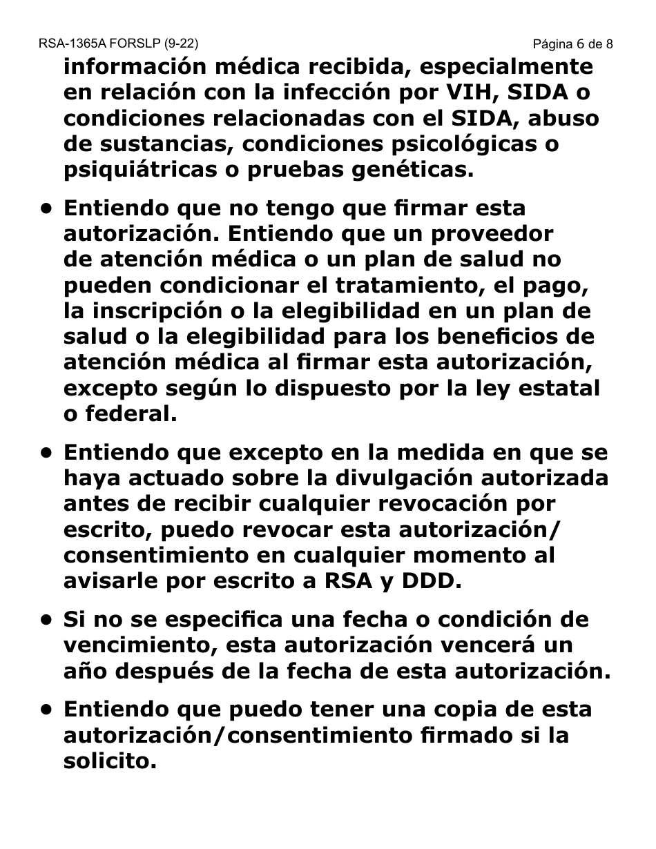 Formulario RSA-365A-SLP Autorizacion / Consentimiento Para Divulgacion Y Uso De Informacion Confidencial Entre Ddd Y Rsa - Letra Grande - Arizona (Spanish), Page 6