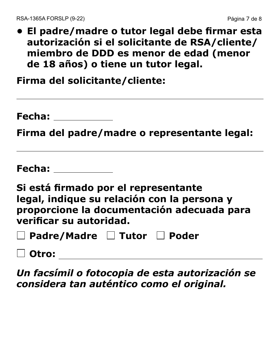 Formulario RSA-365A-SLP Autorizacion / Consentimiento Para Divulgacion Y Uso De Informacion Confidencial Entre Ddd Y Rsa - Letra Grande - Arizona (Spanish), Page 7