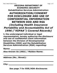Document preview: Form RSA-1365A-LP Authorization/Consent for Disclosure and Use of Confidential Information Between Ddd and Rsa - Large Print - Arizona