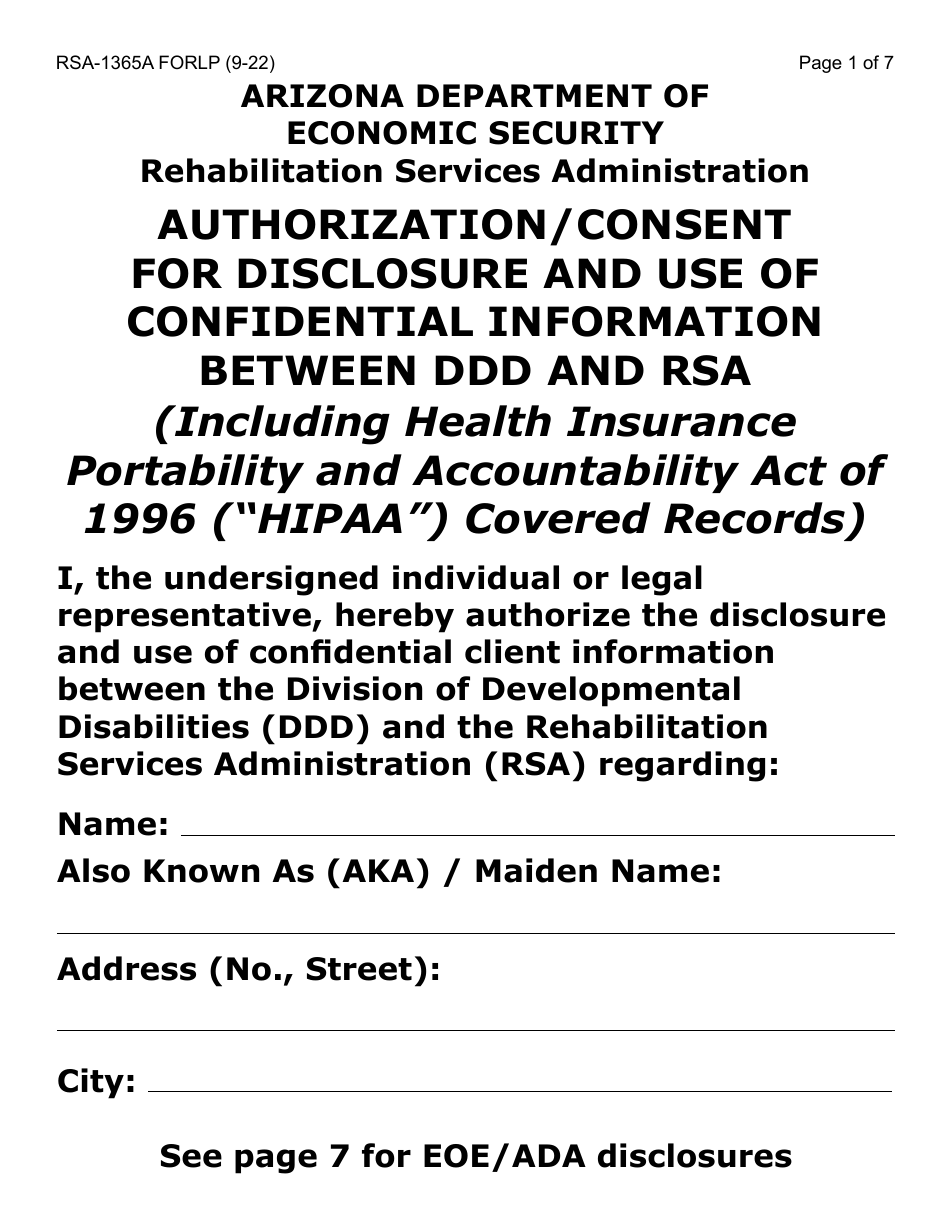 Form RSA-1365A-LP Authorization / Consent for Disclosure and Use of Confidential Information Between Ddd and Rsa - Large Print - Arizona, Page 1
