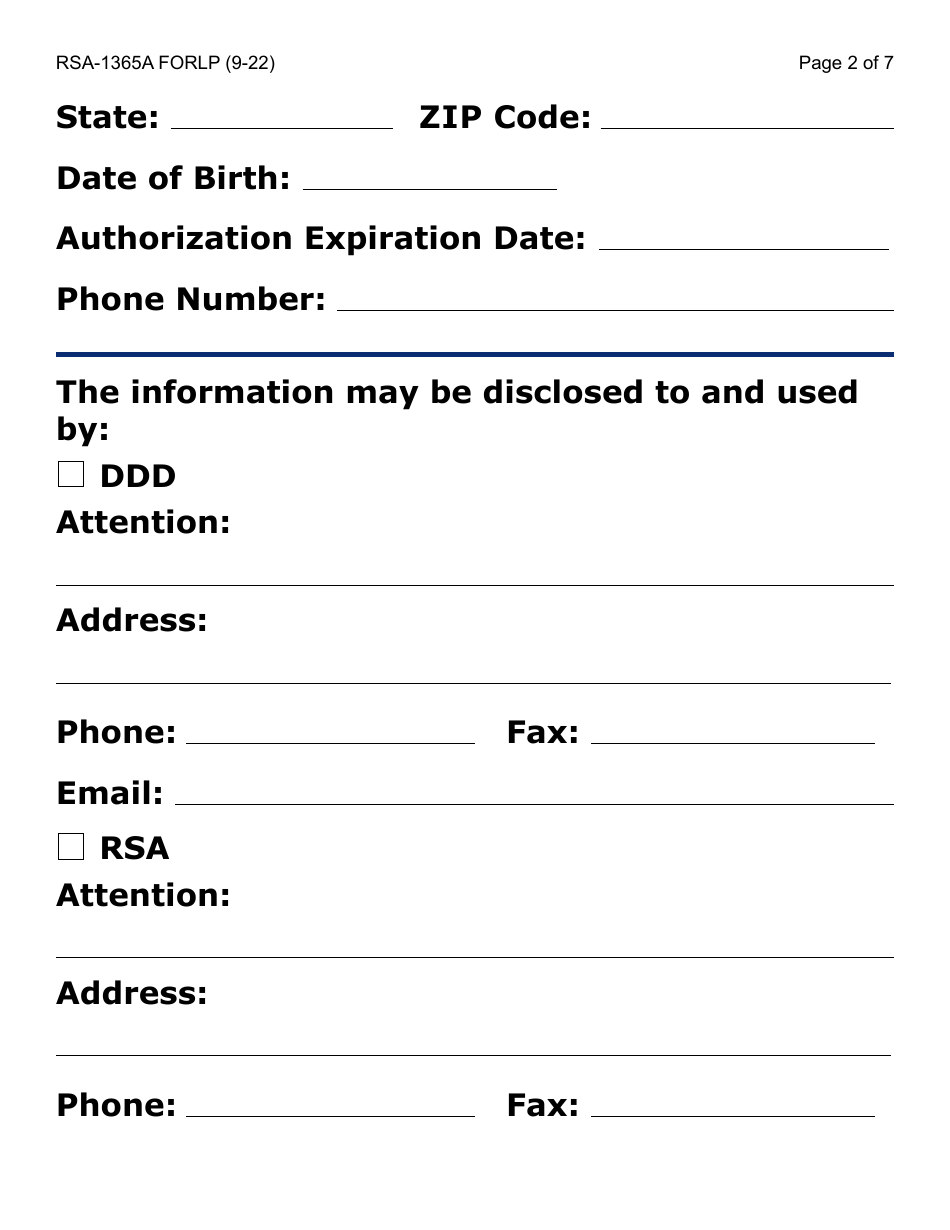 Form RSA-1365A-LP Authorization / Consent for Disclosure and Use of Confidential Information Between Ddd and Rsa - Large Print - Arizona, Page 2