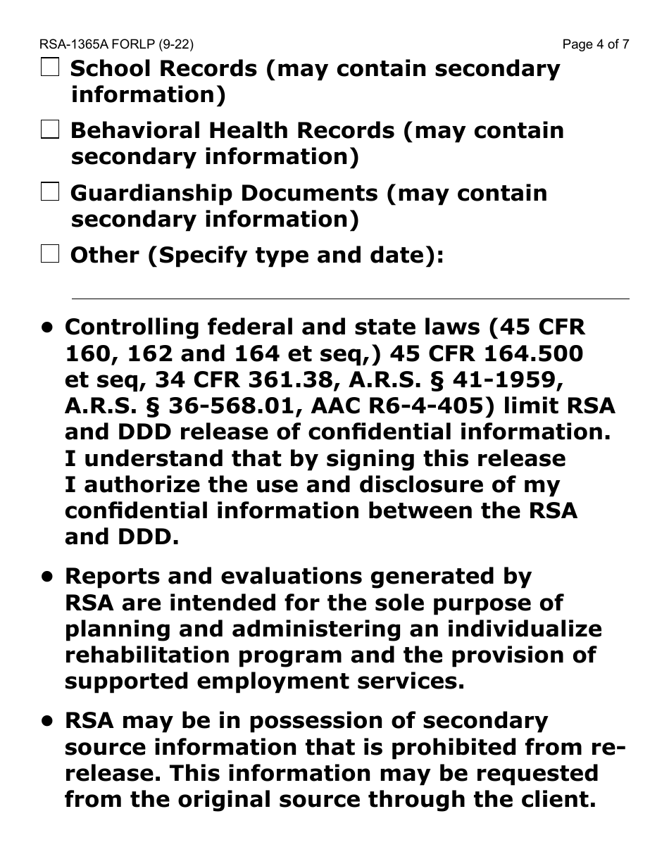 Form RSA-1365A-LP Authorization / Consent for Disclosure and Use of Confidential Information Between Ddd and Rsa - Large Print - Arizona, Page 4