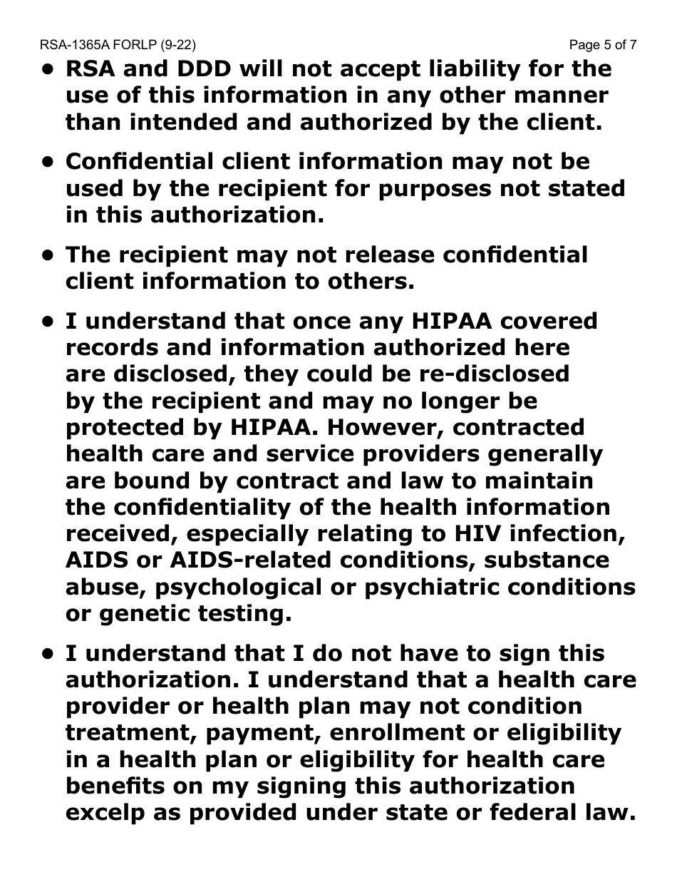 Form RSA-1365A-LP Authorization / Consent for Disclosure and Use of Confidential Information Between Ddd and Rsa - Large Print - Arizona, Page 5
