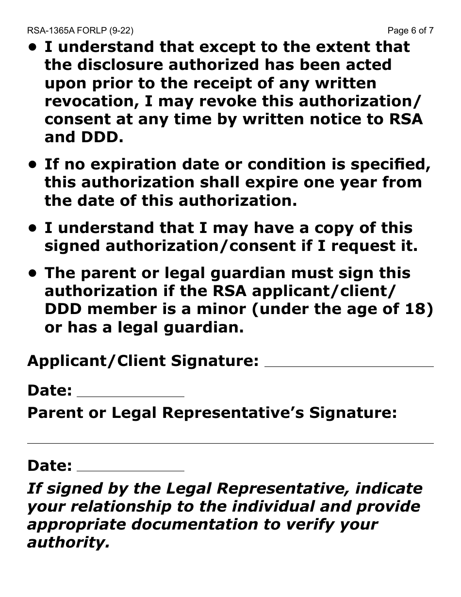 Form RSA-1365A-LP Authorization / Consent for Disclosure and Use of Confidential Information Between Ddd and Rsa - Large Print - Arizona, Page 6