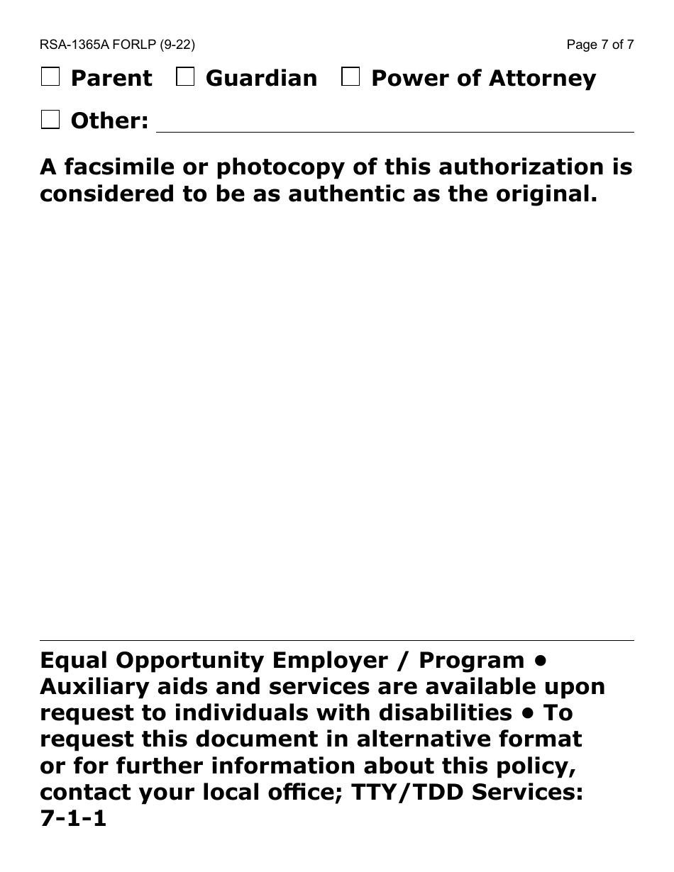 Form RSA-1365A-LP Authorization / Consent for Disclosure and Use of Confidential Information Between Ddd and Rsa - Large Print - Arizona, Page 7