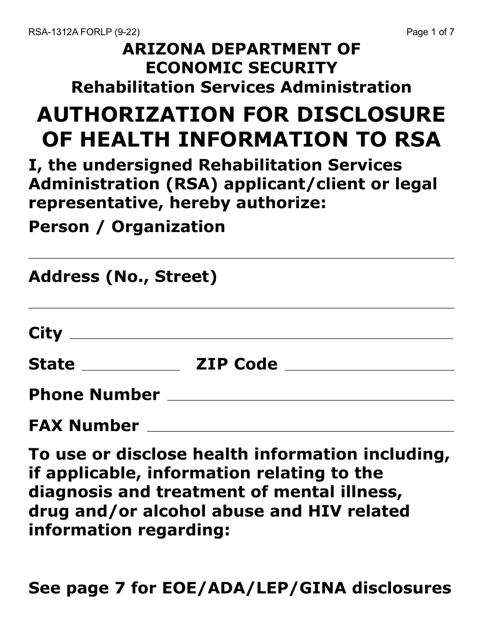 Form RSA-1312A-LP Authorization for Disclosure of Health Information to Rsa - Large Print - Arizona, Page 1
