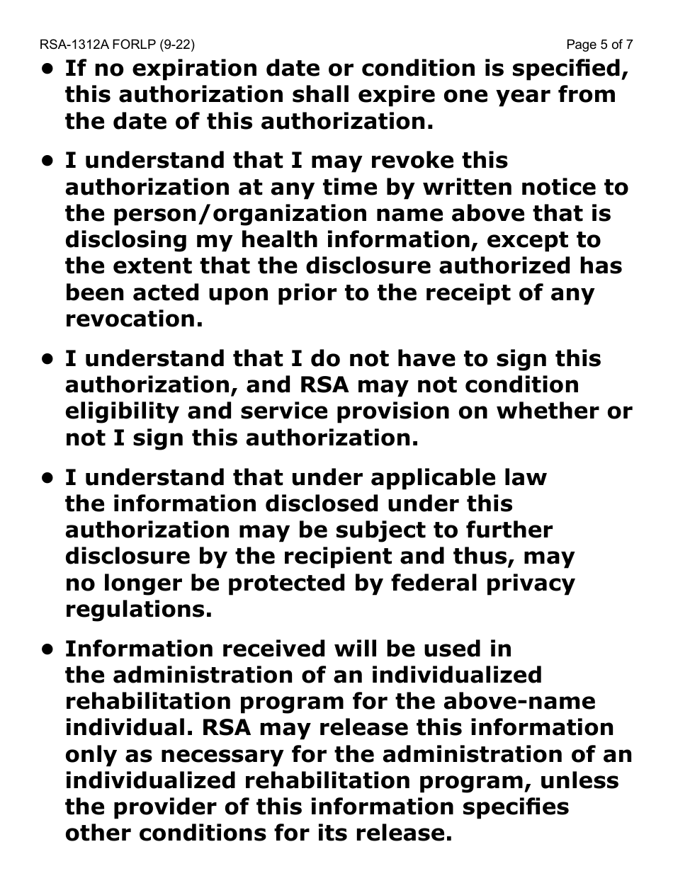 Form RSA-1312A-LP Authorization for Disclosure of Health Information to Rsa - Large Print - Arizona, Page 5