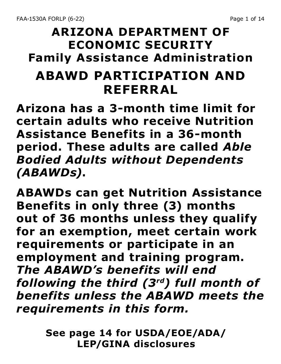 Form FAA-1530A-LP Abawd Participation and Referral Notice - Large Print - Arizona, Page 1