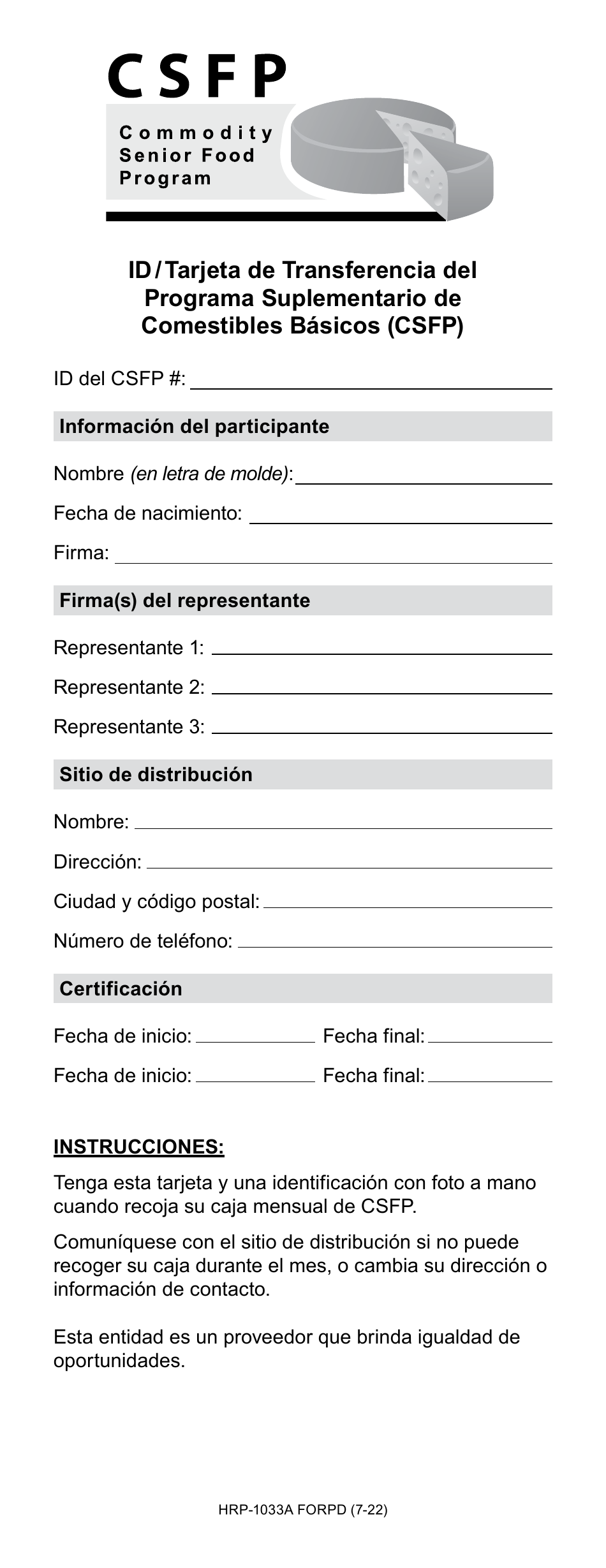 Form HRP-1033A Commodity Senior Food Program (Csfp) Id / Transfer Card - Arizona (English / Spanish), Page 2