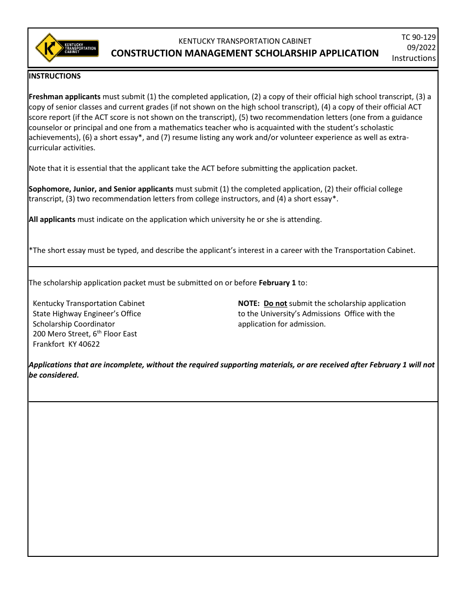 Form TC90-129 Construction Management Scholarship Application - Kentucky, Page 1