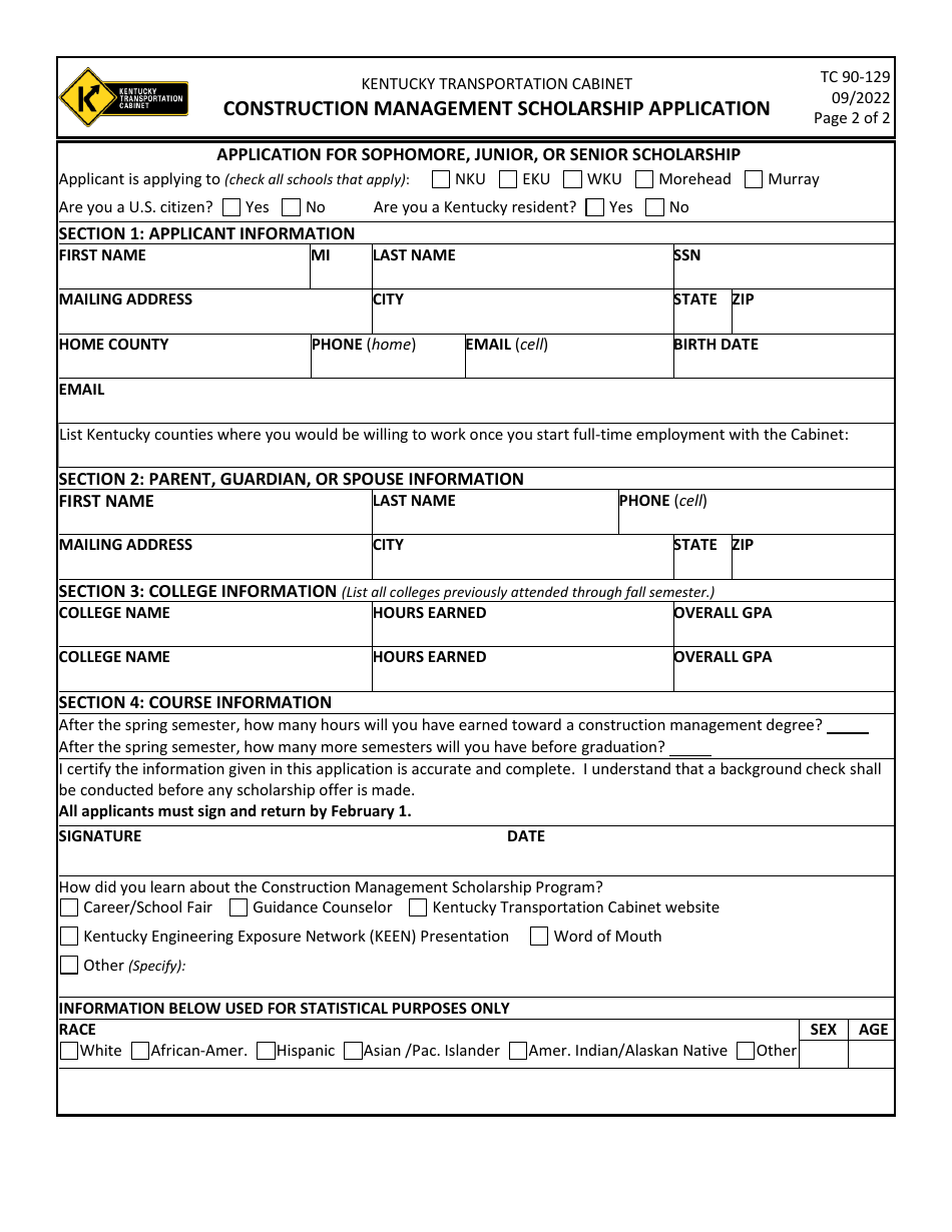 Form TC90-129 Construction Management Scholarship Application - Kentucky, Page 3