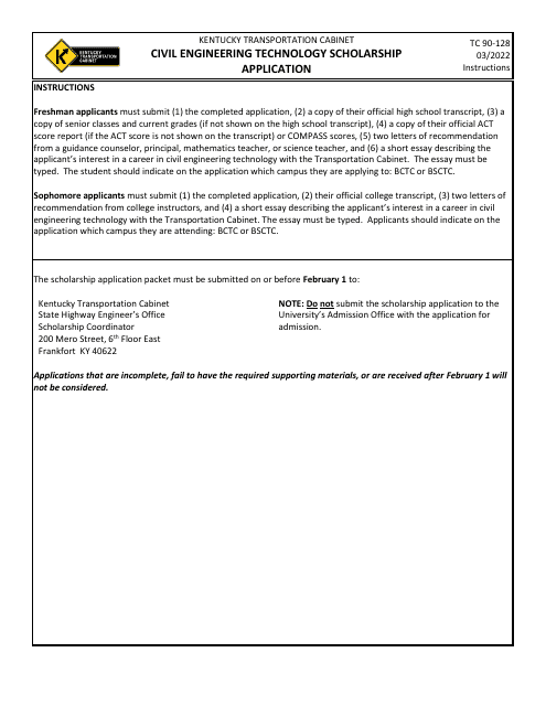 Form TC90-128 Civil Engineering Technology Scholarship Application - Kentucky