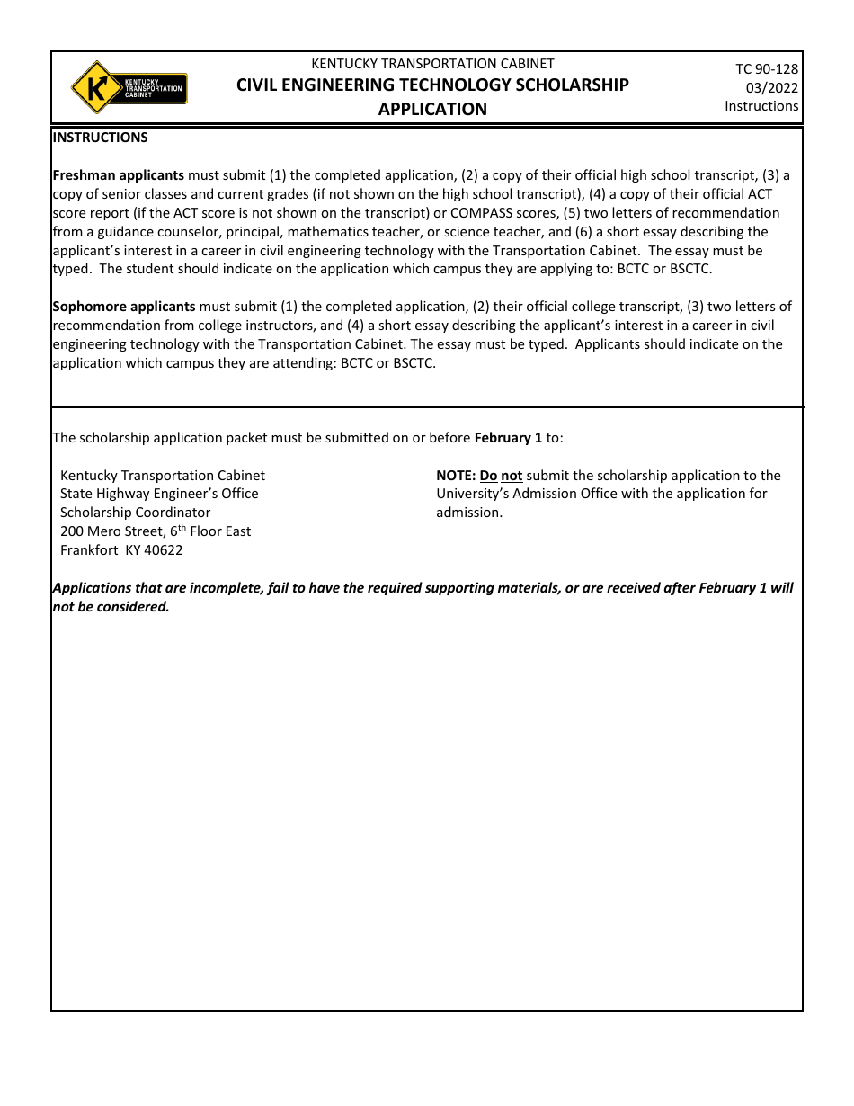 Form TC90-128 Civil Engineering Technology Scholarship Application - Kentucky, Page 1