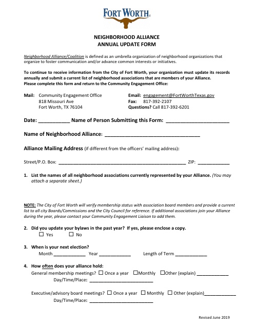 Neighborhood Alliance Annual Update Form - City of Fort Worth, Texas Download Pdf