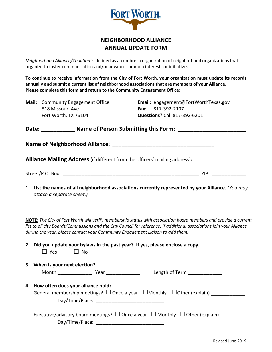 Neighborhood Alliance Annual Update Form - City of Fort Worth, Texas, Page 1