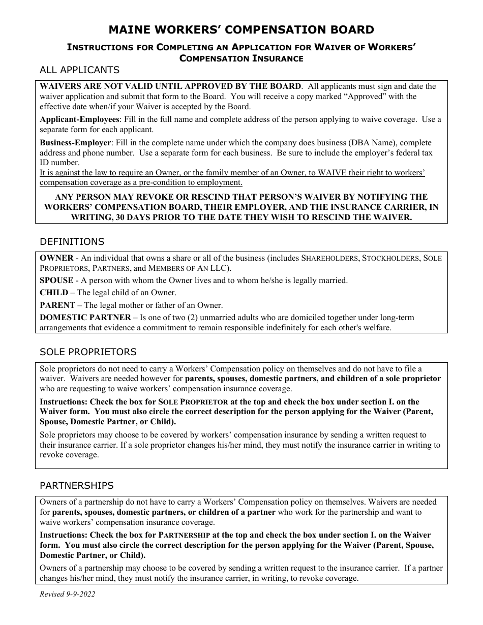 Instructions for Form WCB-2C Application for Waiver of Workers Compensation Insurance - Maine, Page 1