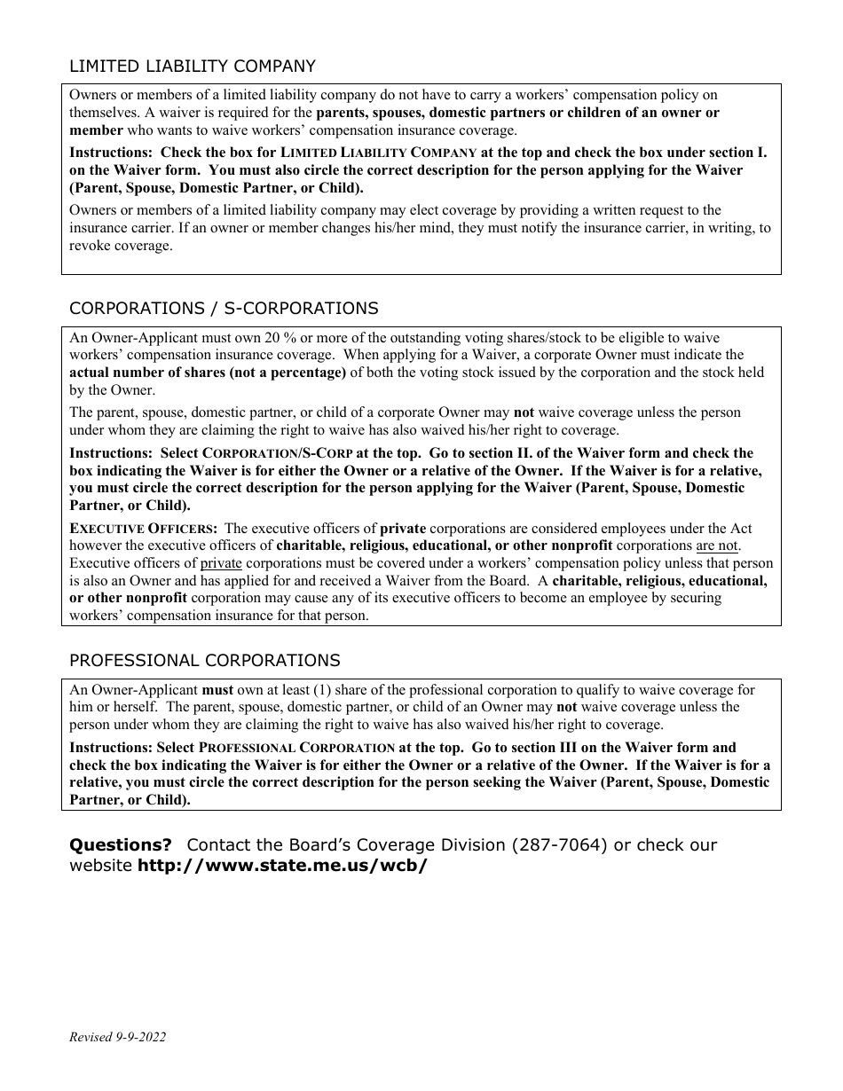 Instructions for Form WCB-2C Application for Waiver of Workers Compensation Insurance - Maine, Page 2