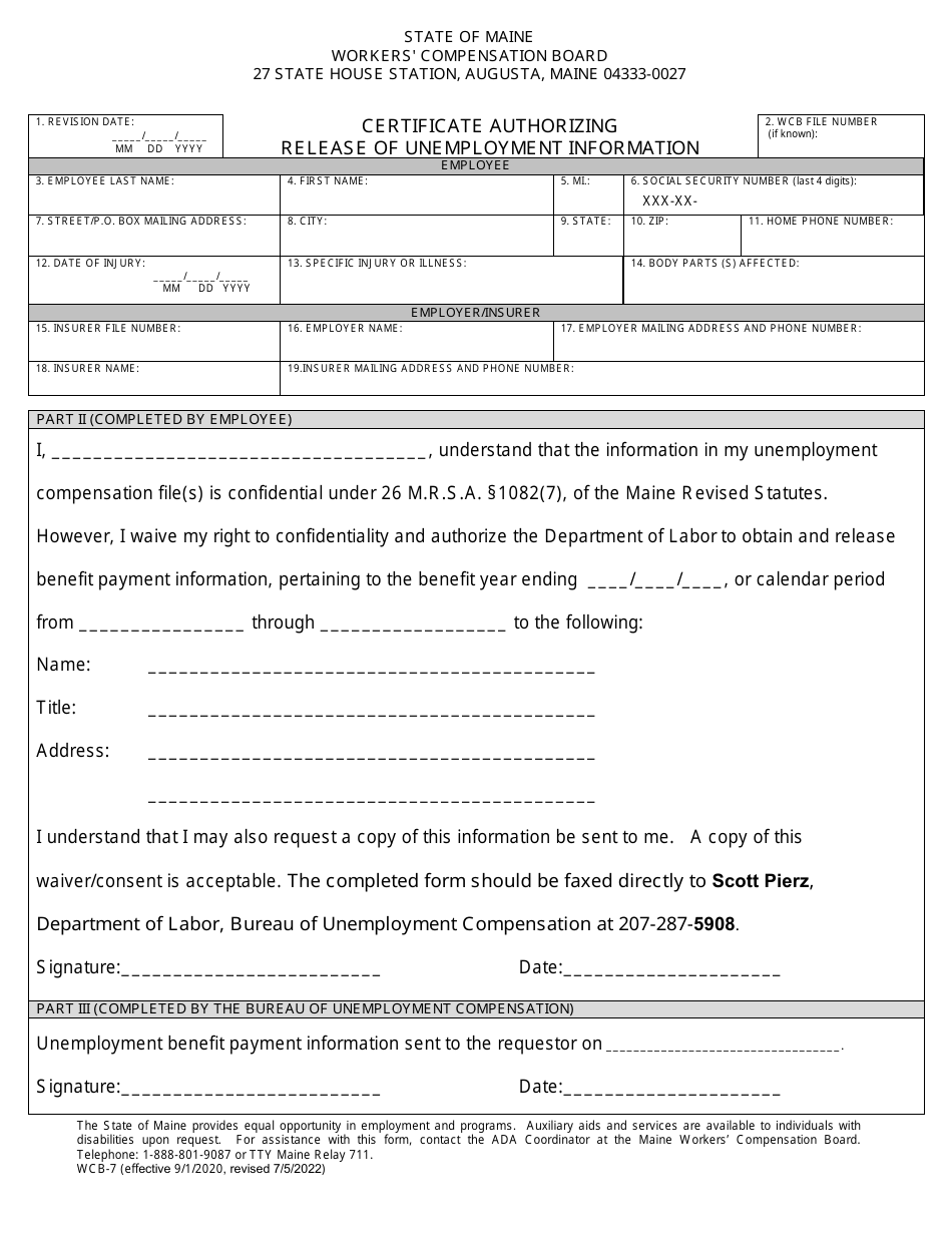 Form WCB-7 Certificate Authorizing Release of Unemployment Information - Maine, Page 1