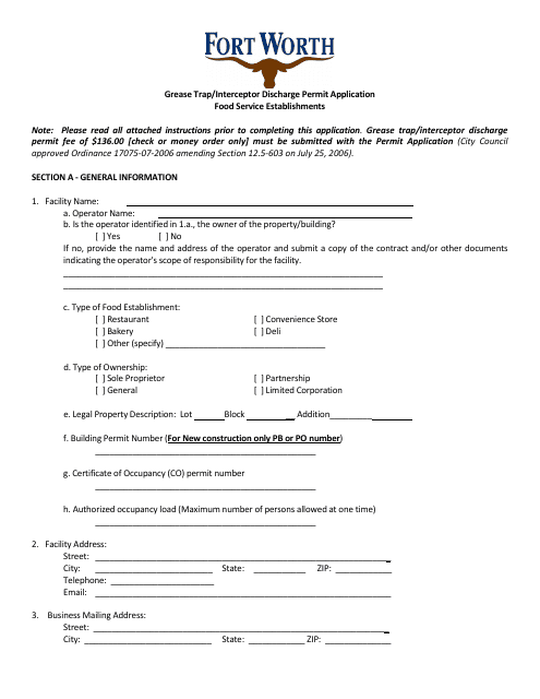 Grease Trap / Interceptor Discharge Permit Application - City of Fort Worth, Texas Download Pdf