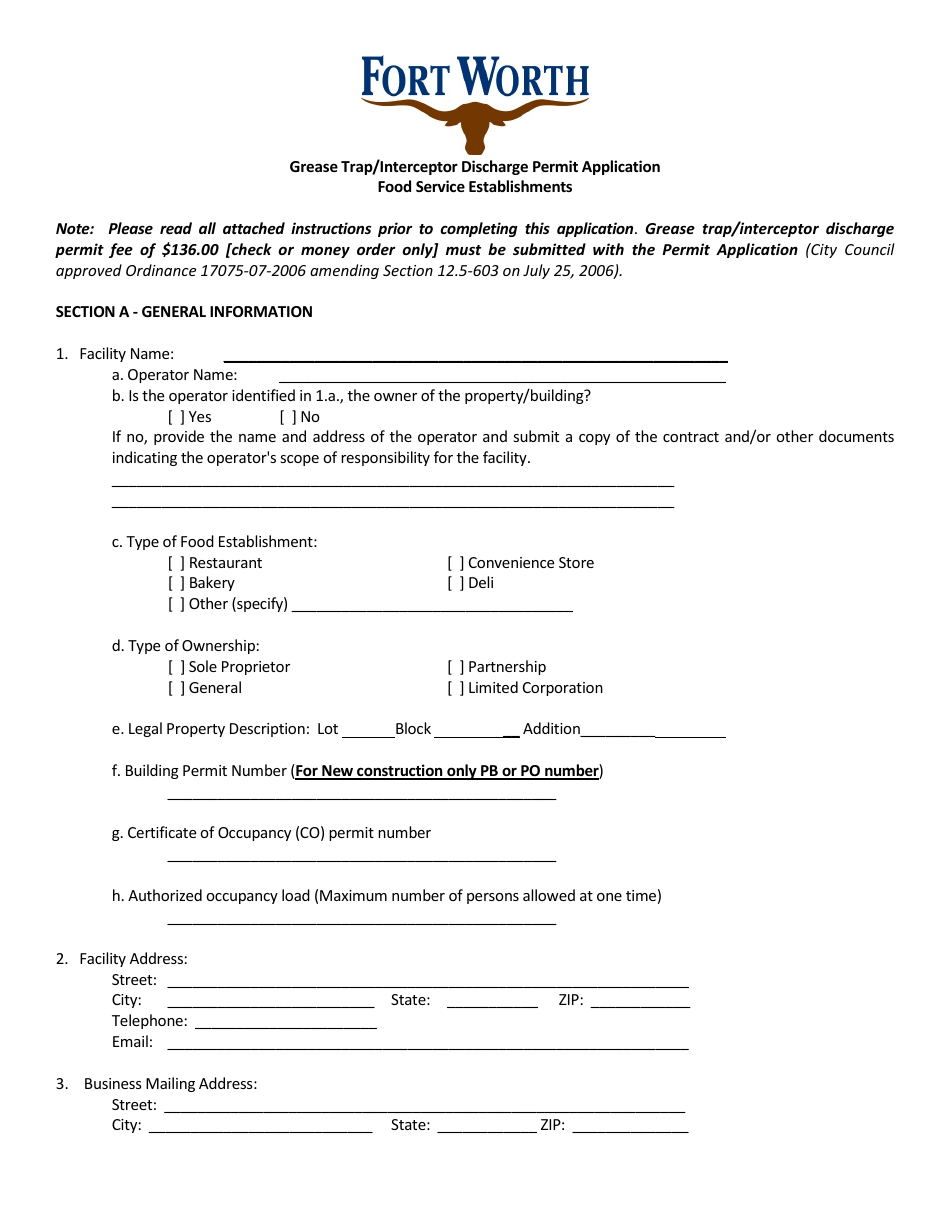 Grease Trap / Interceptor Discharge Permit Application - City of Fort Worth, Texas, Page 1