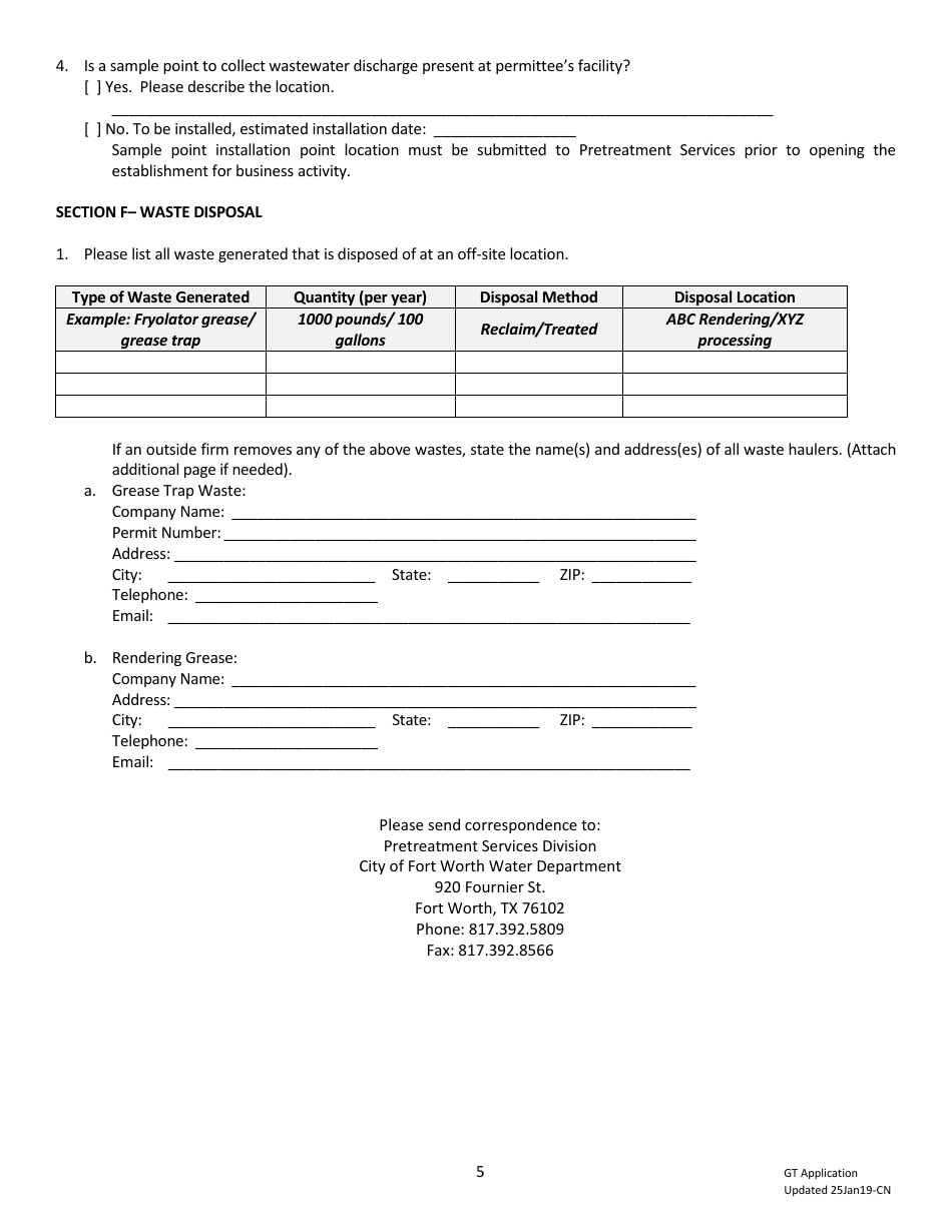 City of Fort Worth, Texas Grease Trap/Interceptor Discharge Permit
