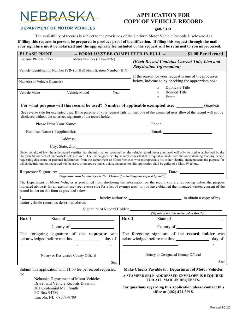 Application for Copy of Vehicle Record - Nebraska, Page 1