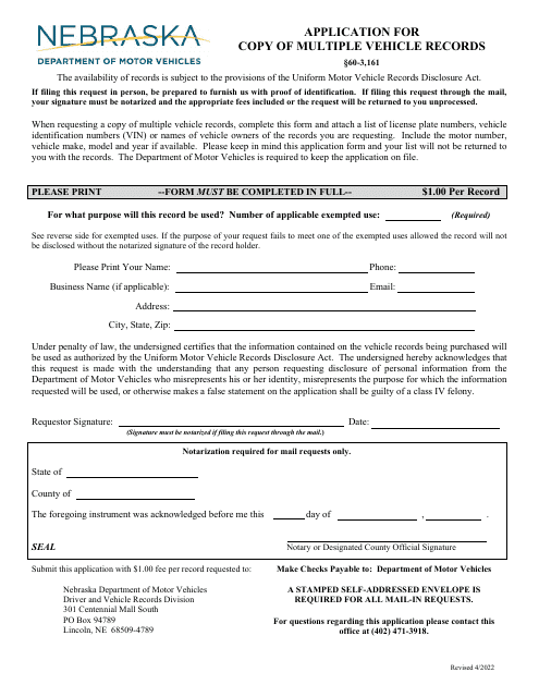 Application for Copy of Multiple Vehicle Records - Nebraska