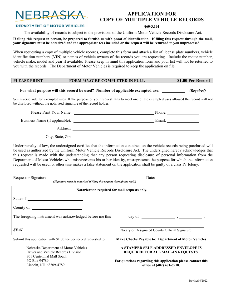 Application for Copy of Multiple Vehicle Records - Nebraska, Page 1
