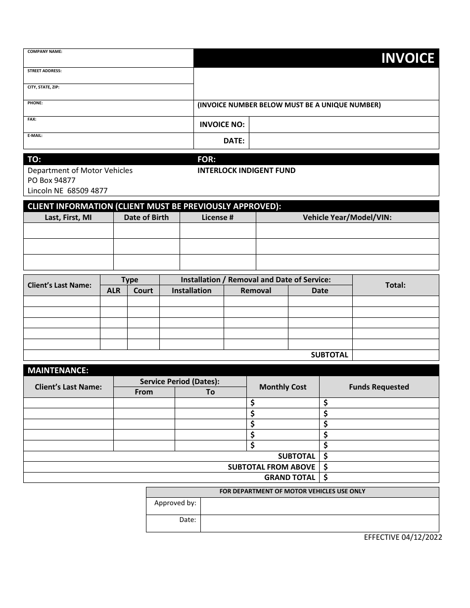 Nebraska Billing Invoice for Interlock Providers Download Fillable PDF ...