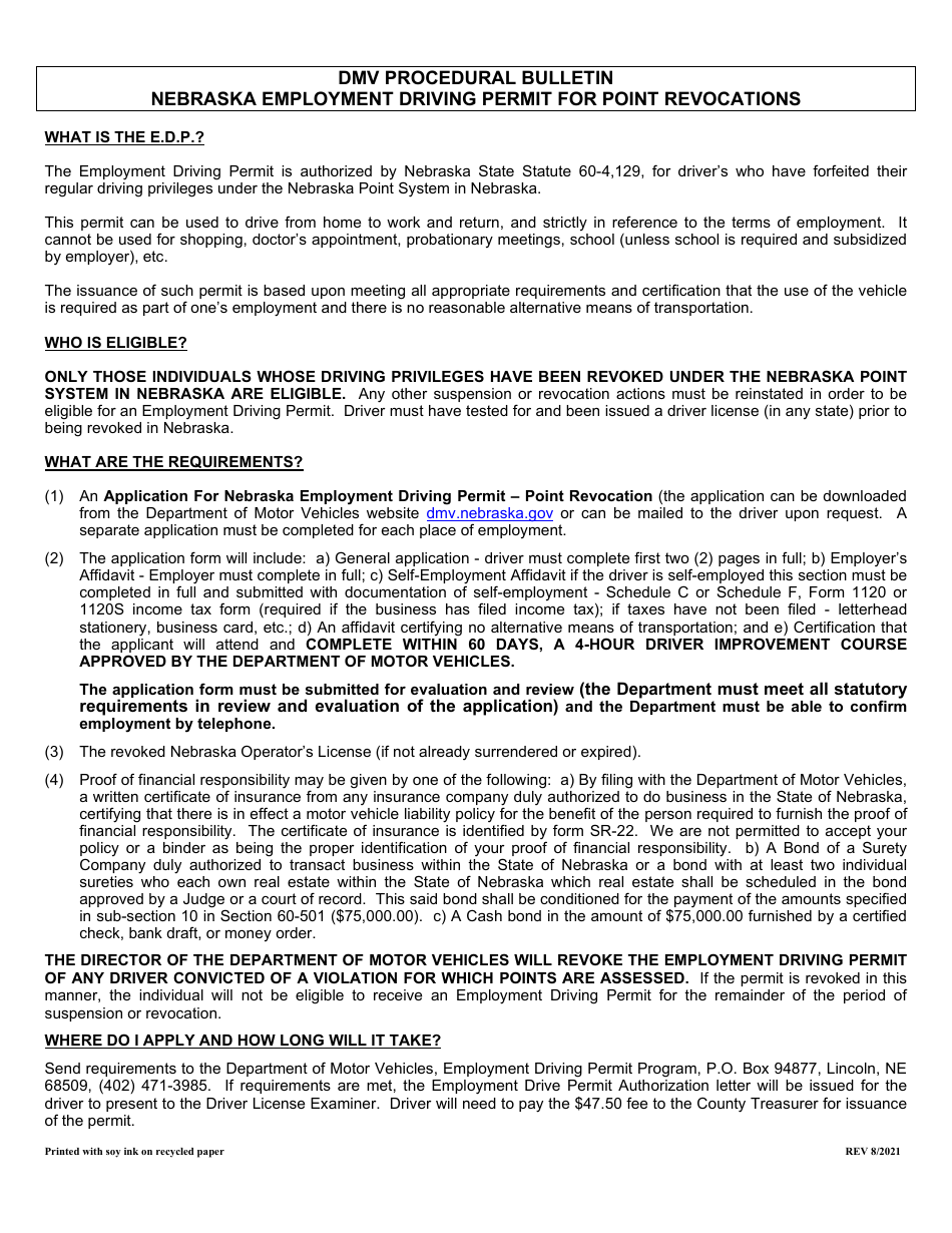 Application for Nebraska Employment Driving Permit - Point Revocation - Nebraska, Page 1