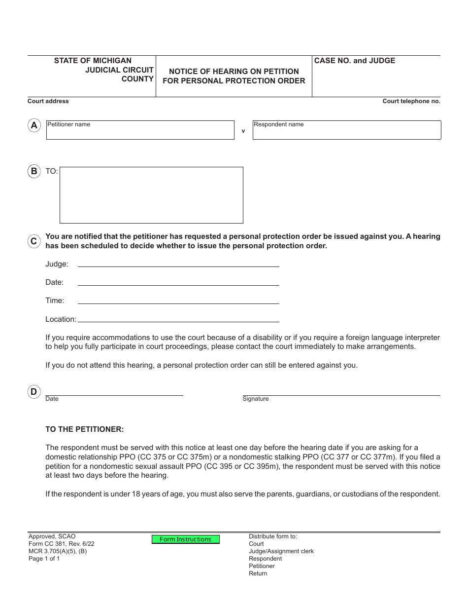 Form CC381 Notice of Hearing on Petition for Personal Protection Order - Michigan, Page 1
