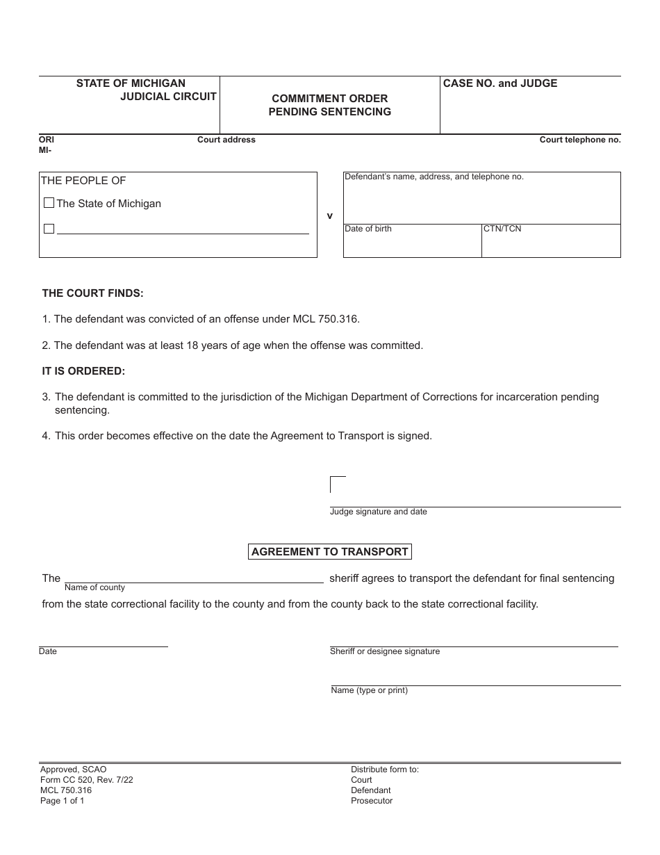Form CC520 Commitment Order Pending Sentencing - Michigan, Page 1