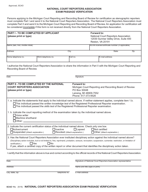 Form SCAO11C National Court Reporters Association Exam Passage Verification - Michigan