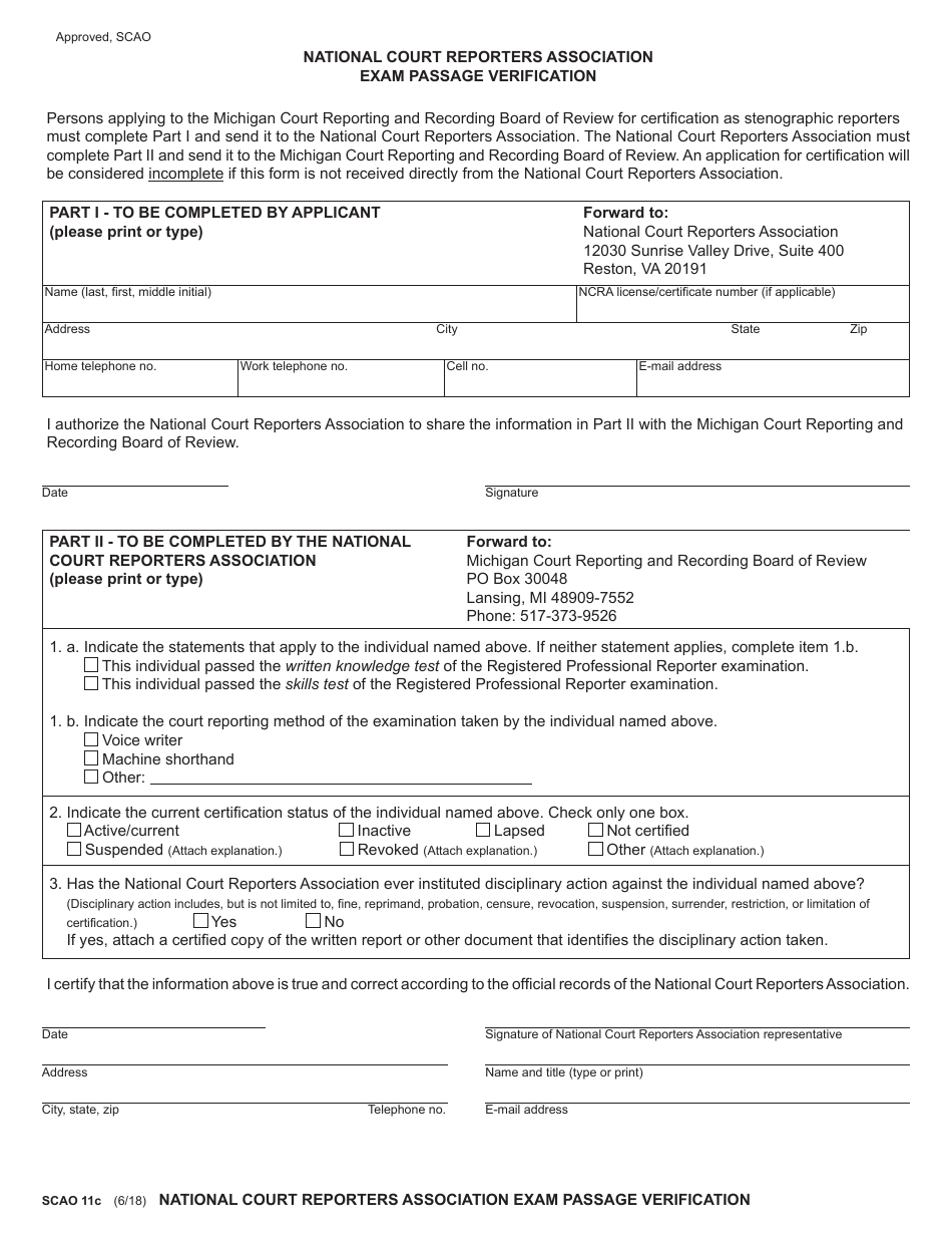 Form SCAO11C National Court Reporters Association Exam Passage Verification - Michigan, Page 1