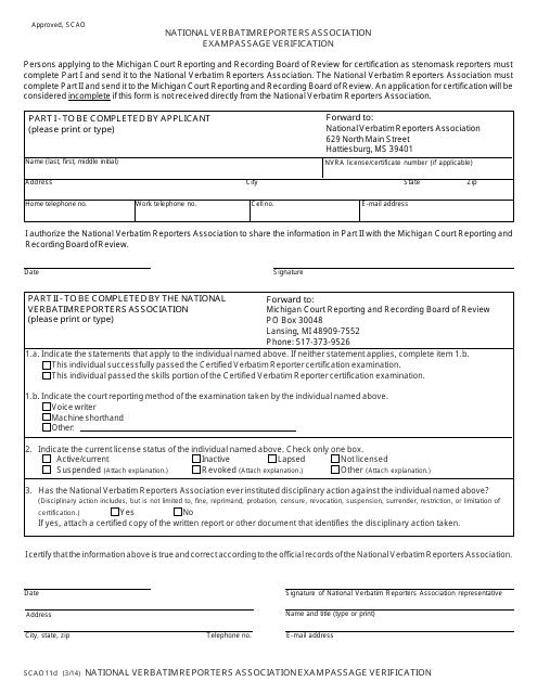 Form SCAO11D National Verbatim Reporters Association Exam Passage Verification - Michigan