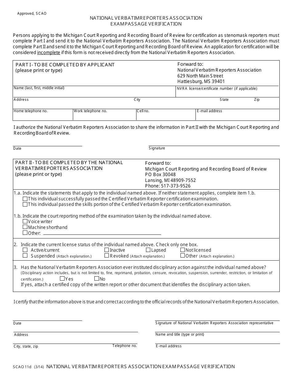Form SCAO11D National Verbatim Reporters Association Exam Passage Verification - Michigan, Page 1