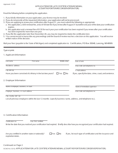 Form SCAO16 Application for Late Certification Renewal (Court Reporter/Recorder/Operator) - Michigan