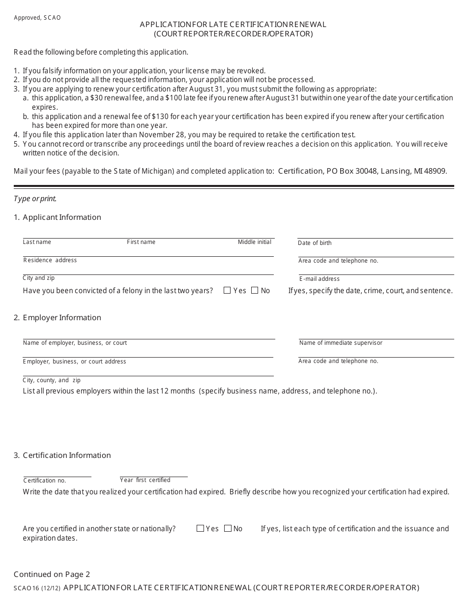 Form SCAO16 Application for Late Certification Renewal (Court Reporter / Recorder / Operator) - Michigan, Page 1