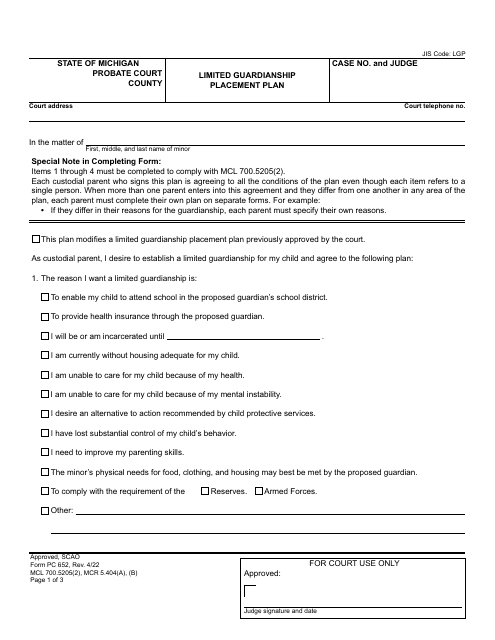 Form PC652 Limited Guardianship Placement Plan - Michigan