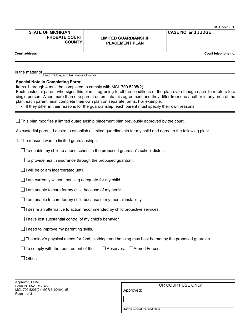 Form PC652 Limited Guardianship Placement Plan - Michigan, Page 1