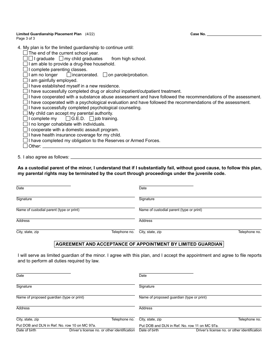 Form PC652 Limited Guardianship Placement Plan - Michigan, Page 3