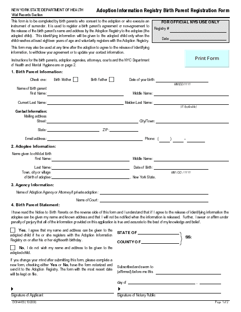 Form DOH-4455 Adoption Information Registry Birth Parent Registration Form - New York