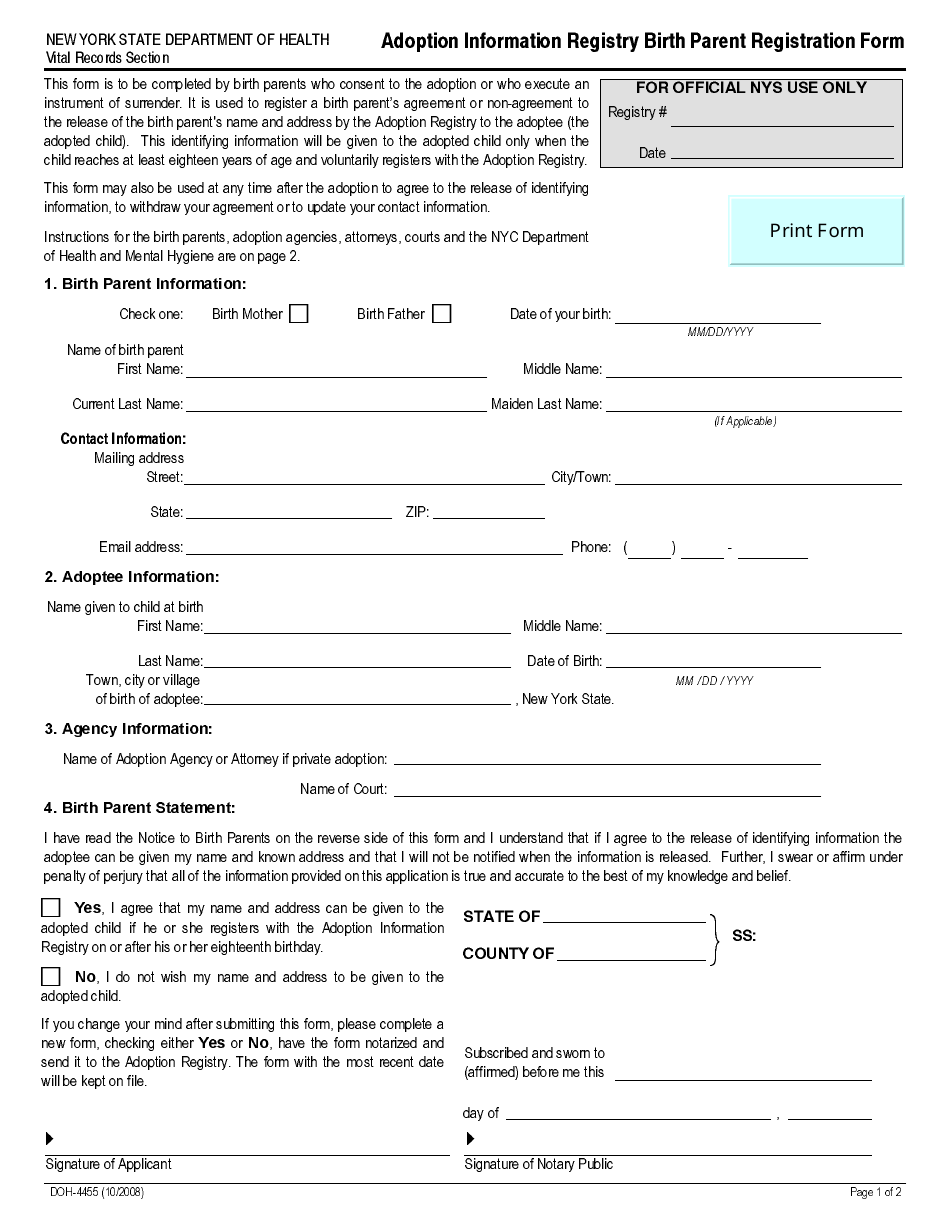 Form DOH-4455 Adoption Information Registry Birth Parent Registration Form - New York, Page 1