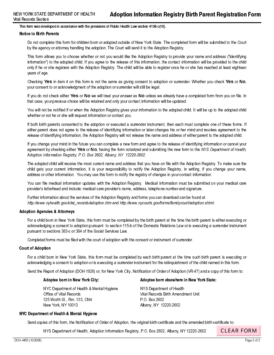 Form DOH-4455 Adoption Information Registry Birth Parent Registration Form - New York, Page 2