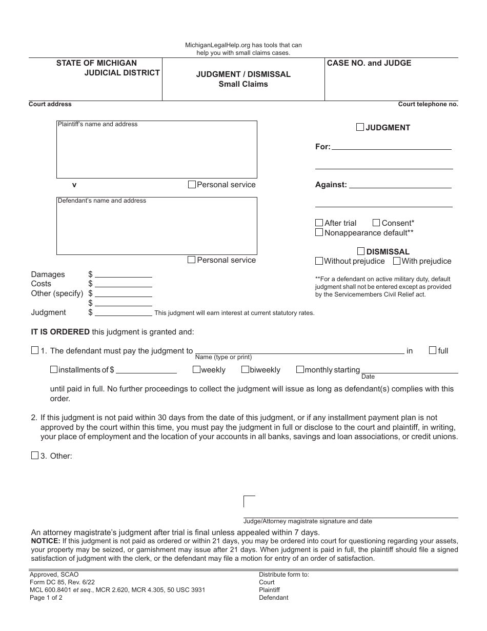Form DC85 Judgment / Dismissal - Small Claims - Michigan, Page 1